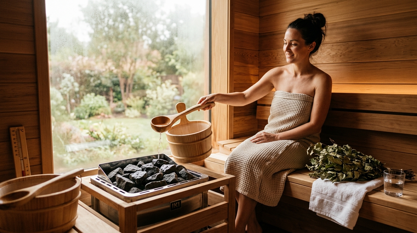 Cedar sauna interior with wooden benches, glowing heater, bucket and ladle on the floor, warm amber light