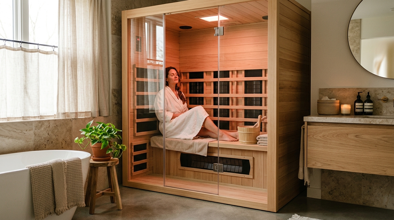 Modern 2-person infrared sauna cabin installed in a home basement with cedar interior and warm amber carbon panel glow