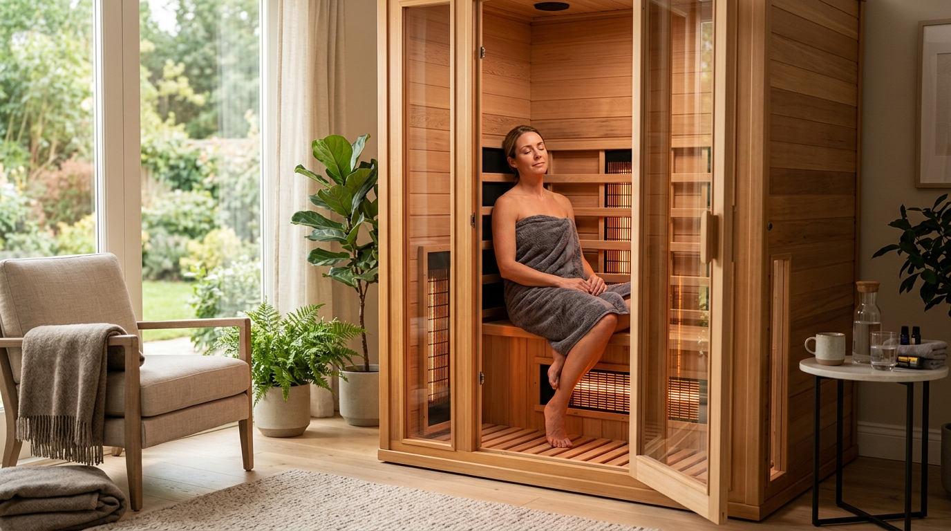 Person sitting in a wood-paneled infrared sauna cabin after a workout, red infrared heater panels glowing, towel across lap, warm light