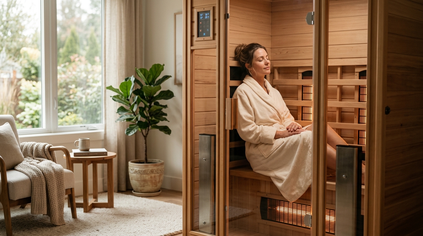 Person sitting in a warm wood-paneled infrared sauna cabin, eyes closed, infrared heater panels glowing amber, soft mood lighting, calm and serene atmosphere
