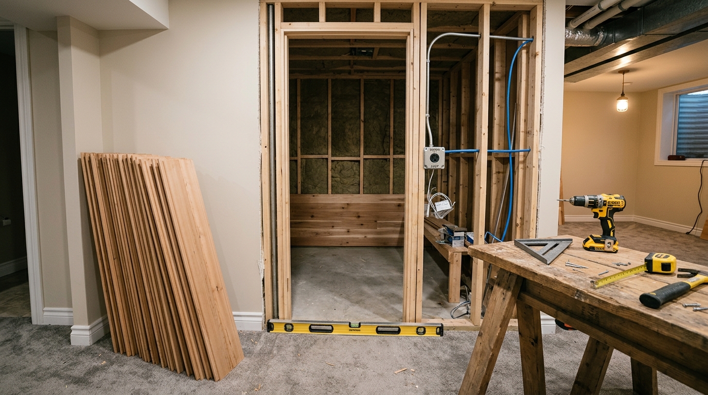 Home sauna installation in progress: cedar panels stacked, framing visible, dedicated 240V outlet, tools on sawhorse