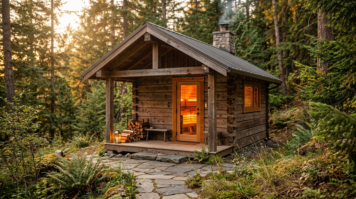 Outdoor cabin sauna in a wooded backyard at golden hour with warm interior light visible through the door