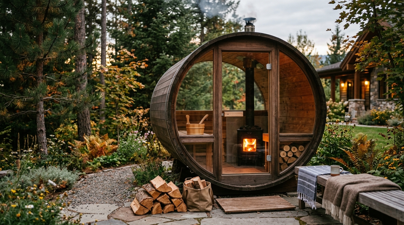 Cedar barrel sauna with stovepipe in a snowy backyard at dusk, warm amber glow from the interior, pine trees in background