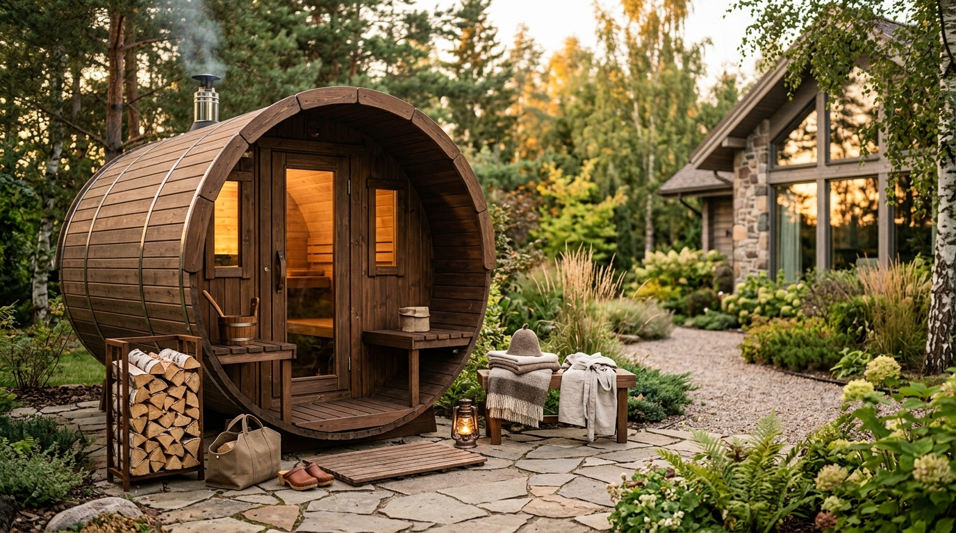 Outdoor cedar cabin sauna with a gabled roof and wood-burning chimney stack, set on a gravel pad in a backyard surrounded by evergreen trees