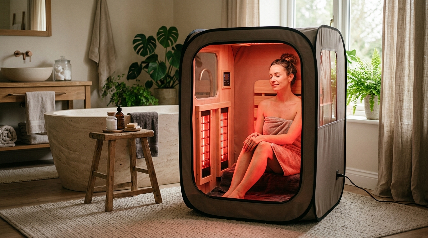 A portable full-spectrum infrared sauna pod glowing with red near-infrared light panels in a home wellness room