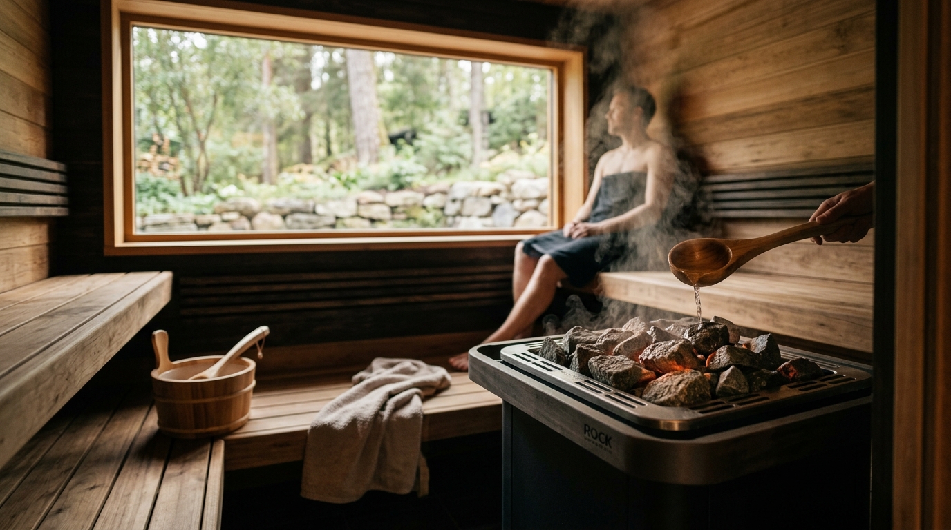 Traditional Finnish sauna rock heater with glowing stones and steam rising inside a cedar sauna room