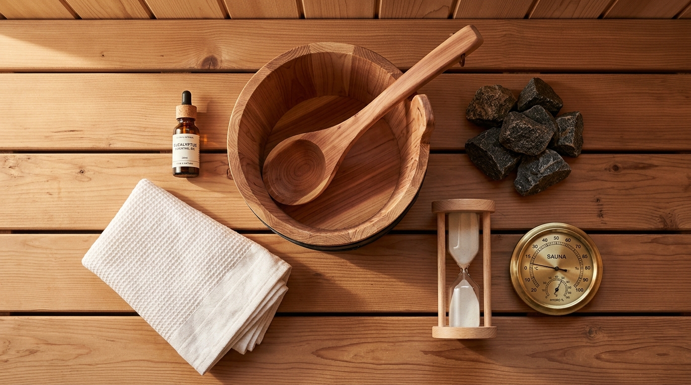 Flat-lay of sauna accessories: hardwood bucket and ladle, igneous rocks, thermometer, eucalyptus oil, soft linen towel on cedar planks