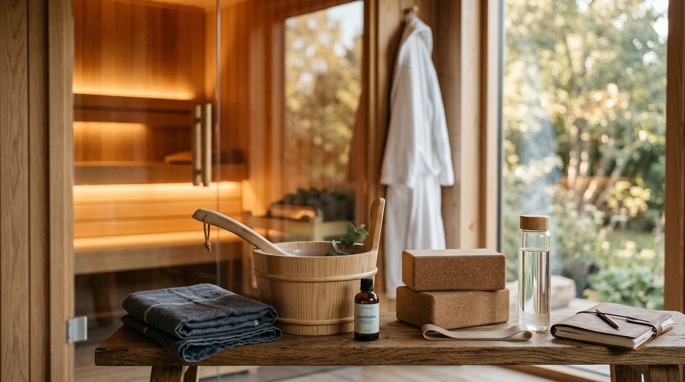 Athlete sitting in a cedar sauna after a workout with a towel draped over shoulders
