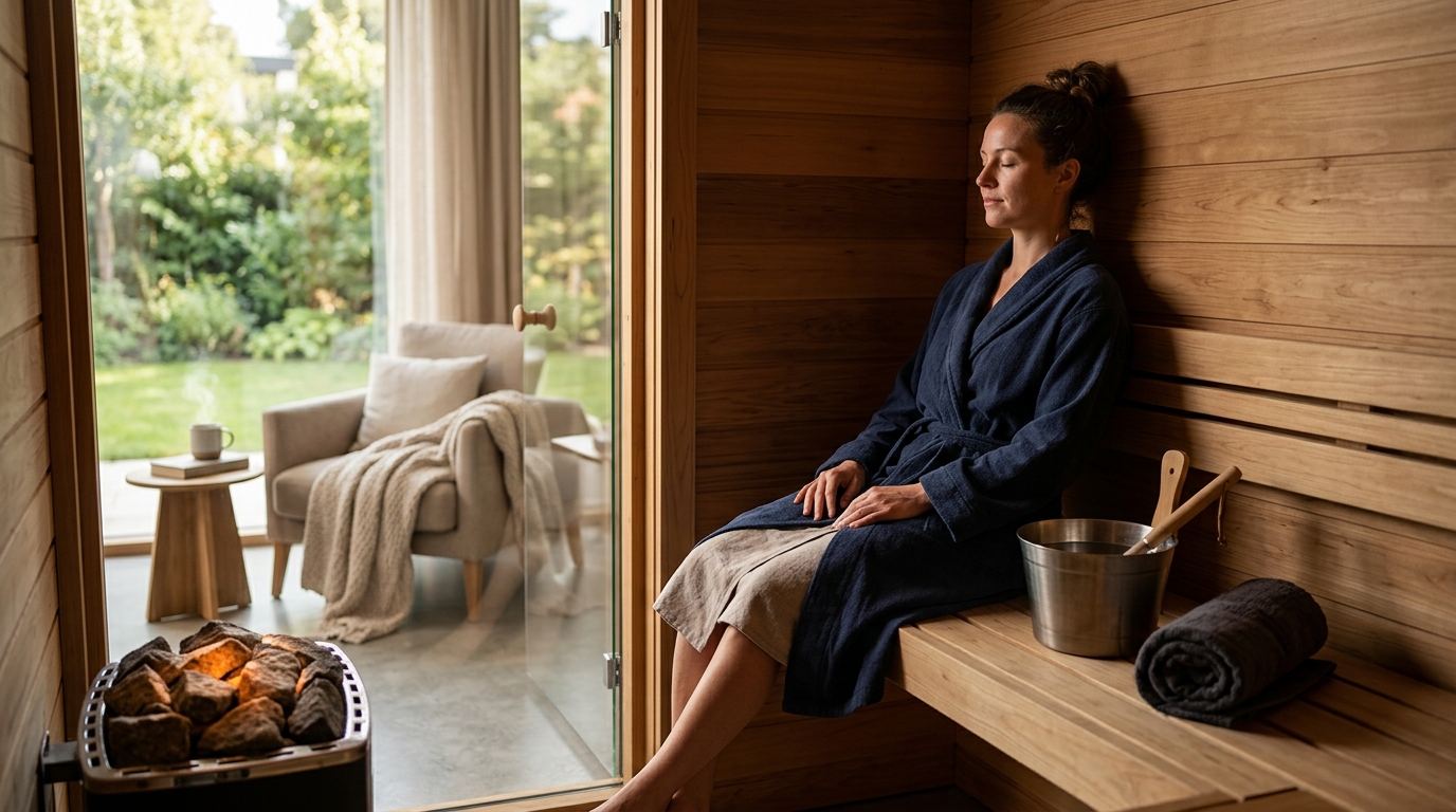 Athletic person relaxing in a cedar sauna after a workout, towel over shoulders, sweat visible, warm amber light