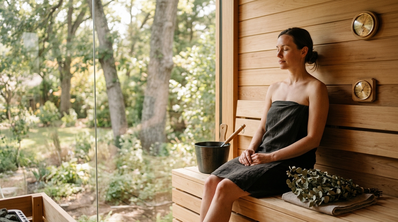 Person seated in a cedar sauna with eyes closed, dim warm amber lighting, steam rising from the stones, deeply relaxed expression