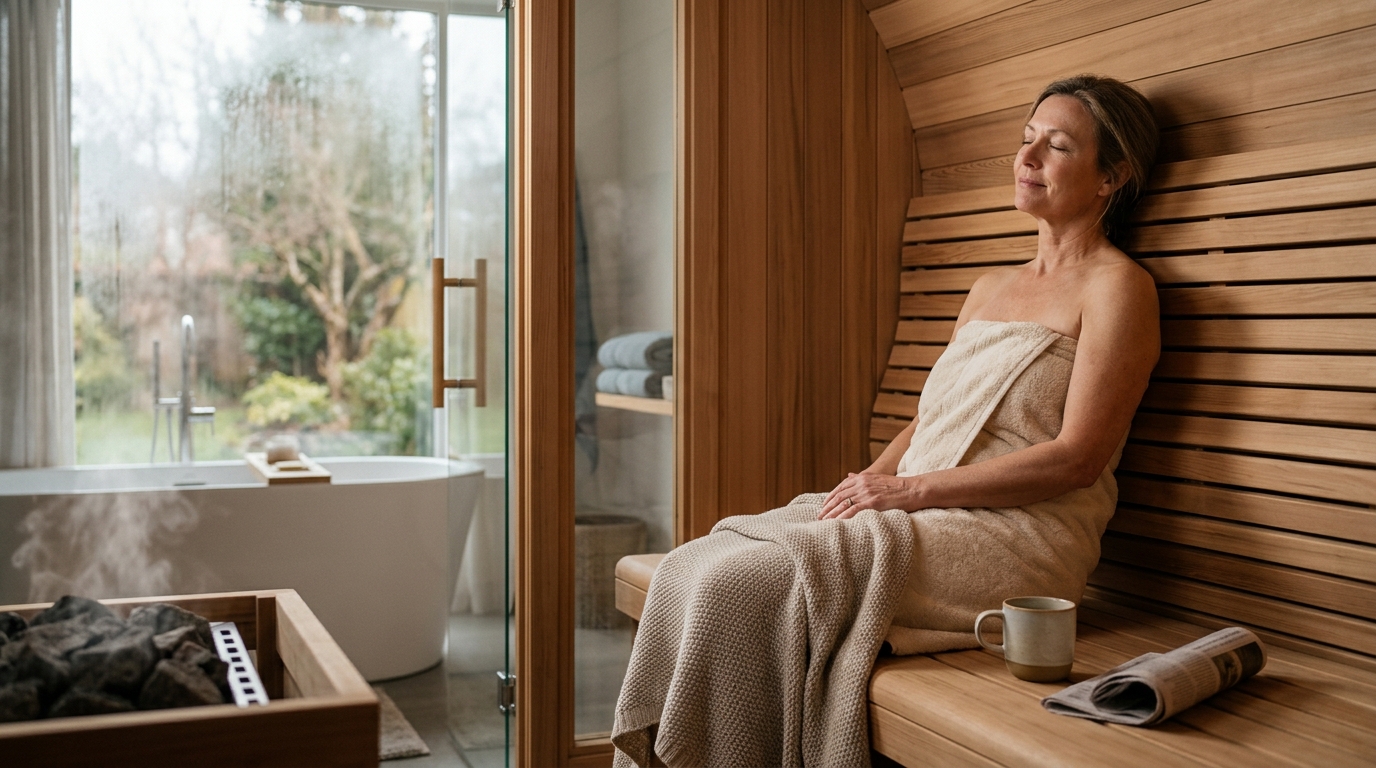 Person reclining on cedar bench inside a warm infrared sauna, soft amber lighting, calm therapeutic atmosphere