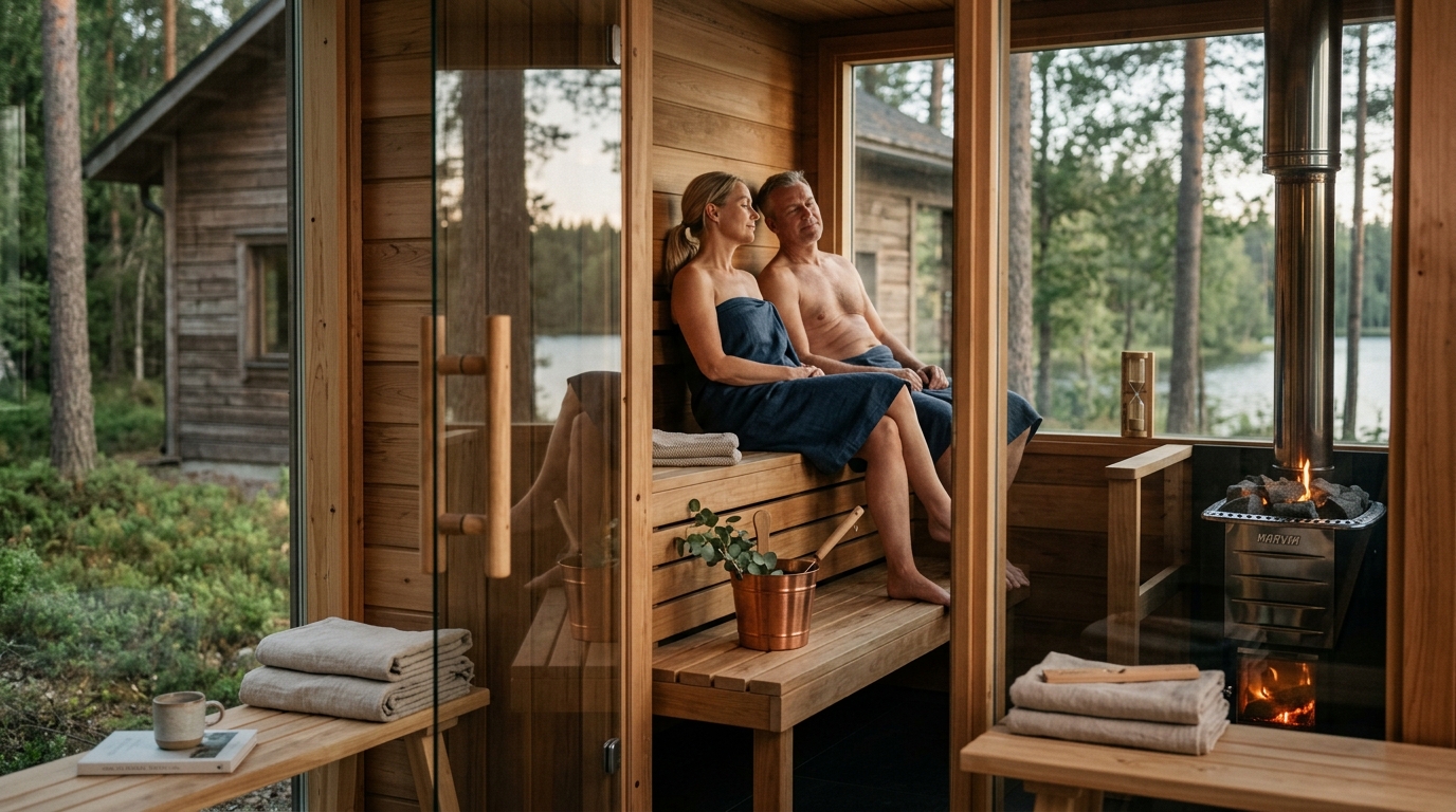 Person relaxing in a cedar sauna with hands on knees, warm amber glow, visible sweat on skin, therapeutic setting