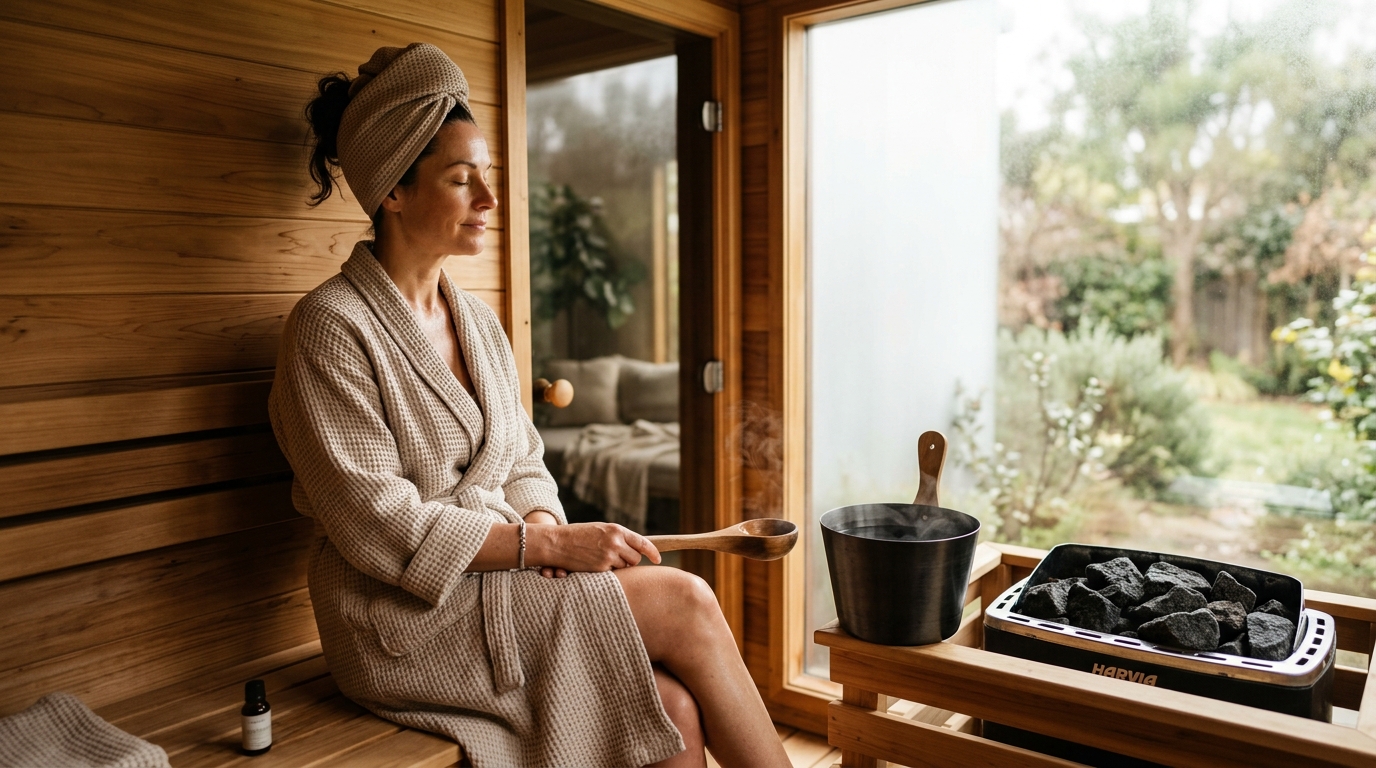 Person seated in a cedar wood sauna, warm amber light, steam rising from sauna stones, calm relaxed posture
