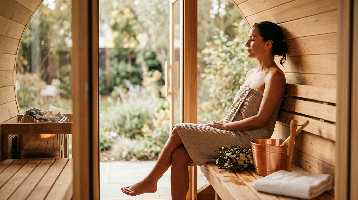 Close-up of glowing skin on a person relaxing in a cedar sauna, warm amber light, wooden walls and bench visible in background