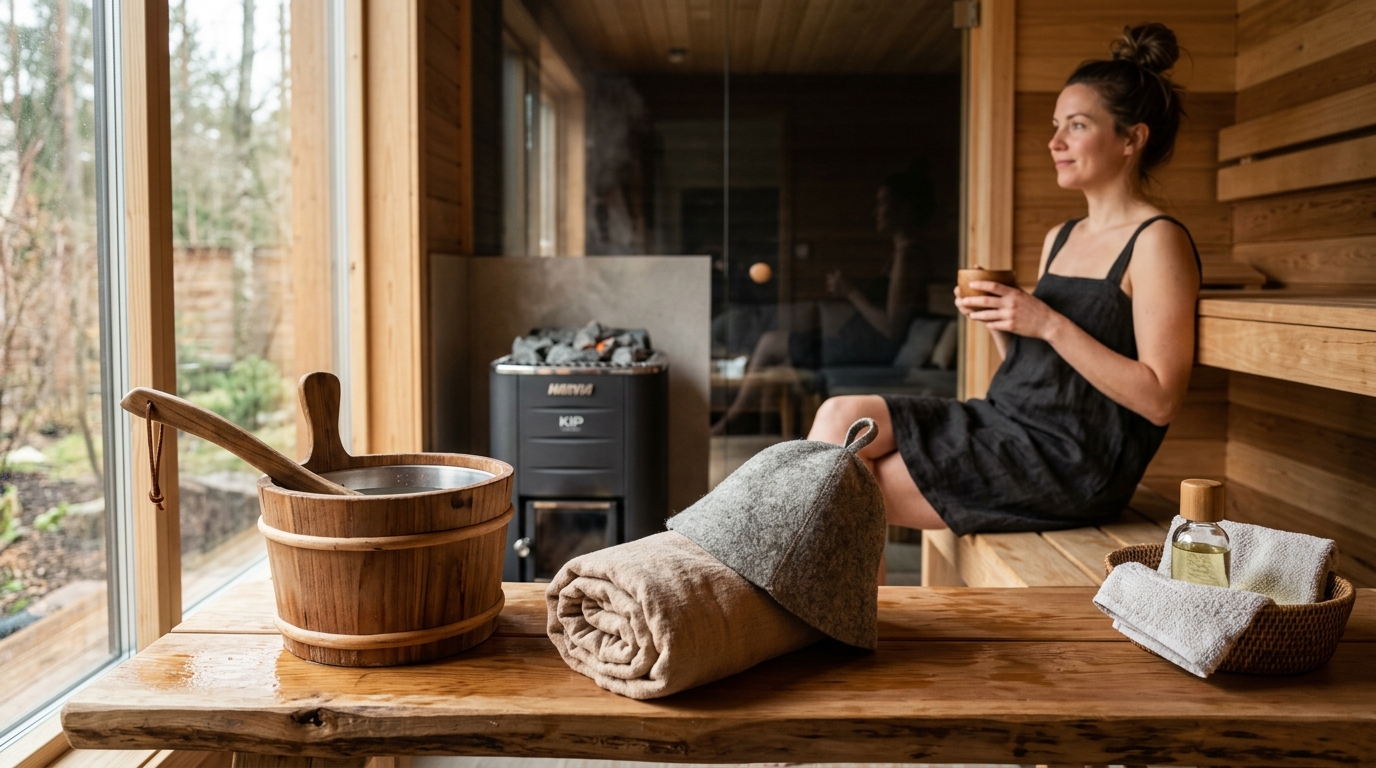 Beginner sitting on the lower bench of a cedar sauna with a folded white towel and a water bottle nearby, warm amber light