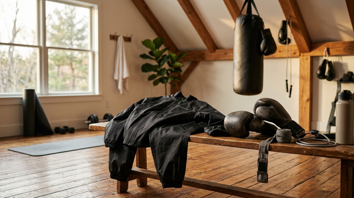 Black neoprene sauna suit laid flat next to a folded gray towel and a stainless water bottle