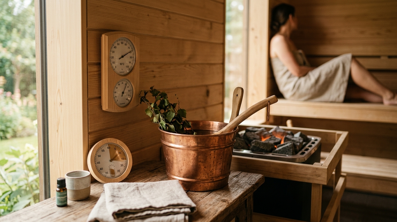 Cedar sauna interior with a wooden thermometer and hygrometer on the wall, glowing stones on the heater, warm amber light
