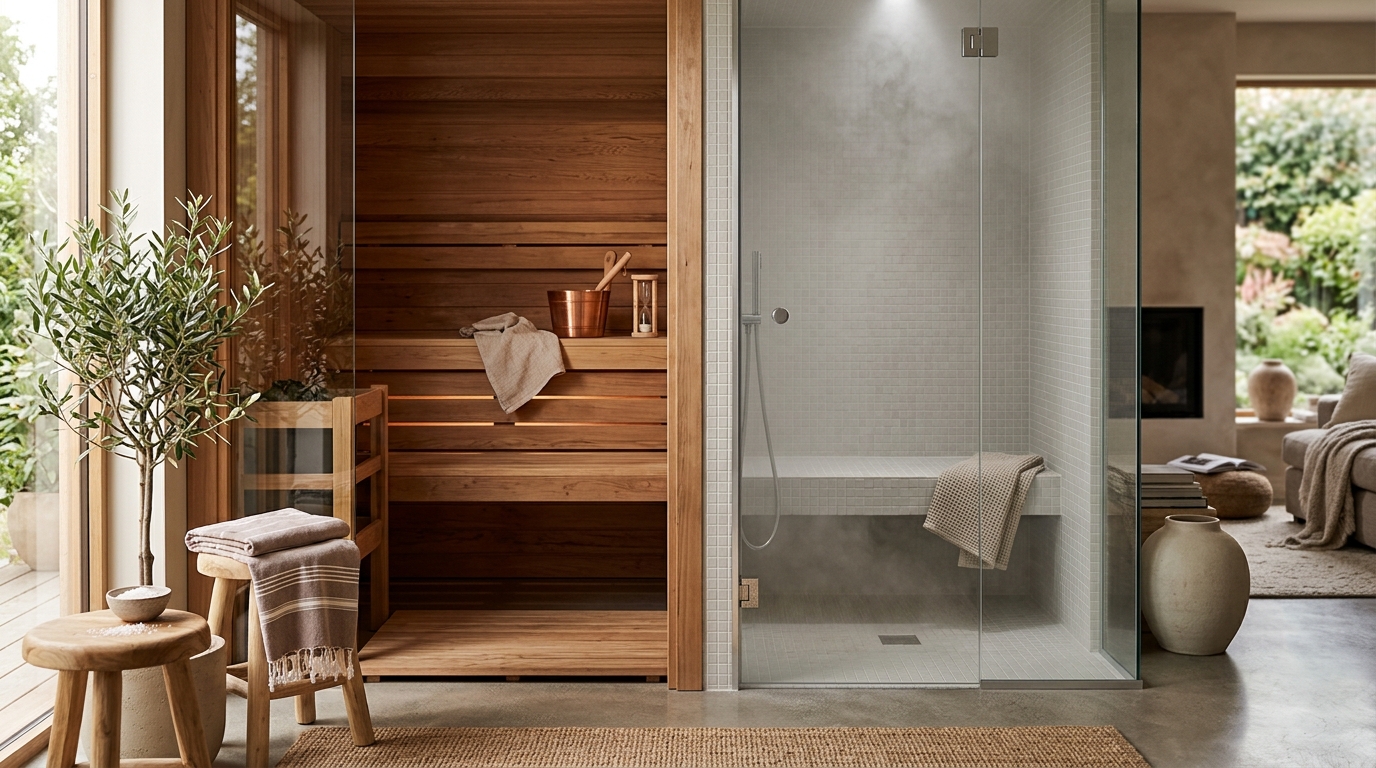 Traditional Finnish sauna interior with cedar benches and glowing kiuas stones beside a tiled steam room with wall steam nozzle