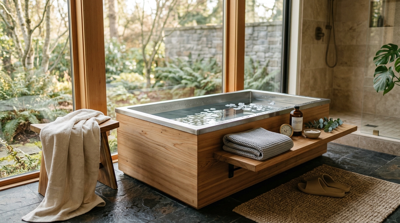 Person seated in a cold plunge tub on an outdoor deck with a cedar sauna cabin visible in the background